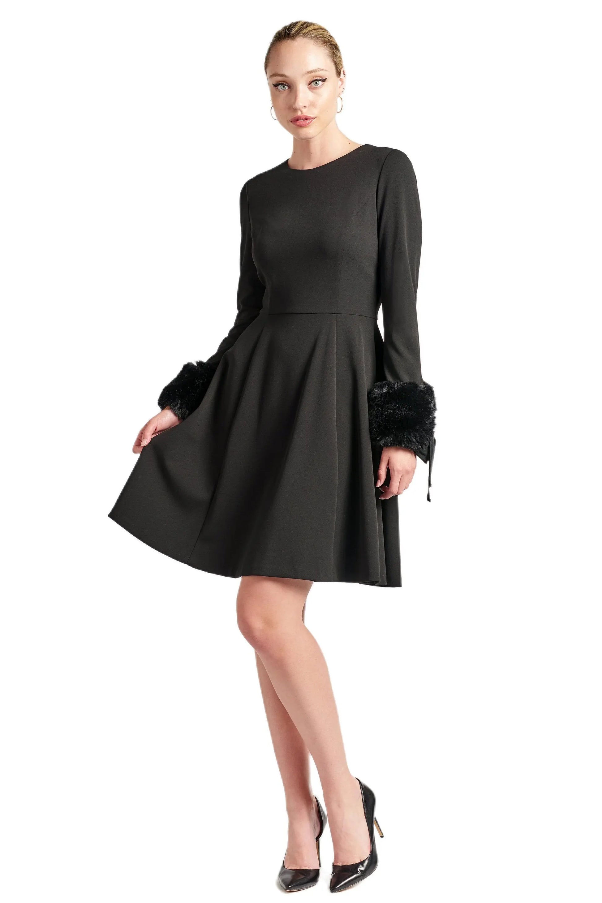 Caroline Dress - Crepe fit & flare dress with faux fur cuffs Peach Dionysus