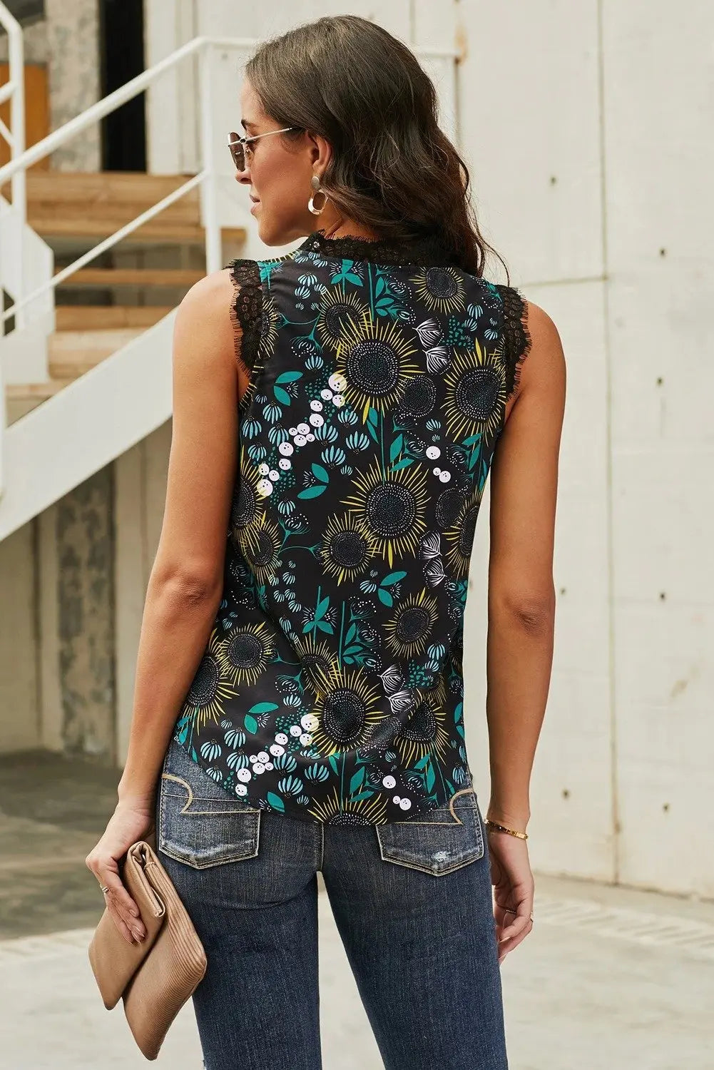 Casual Black V Neck Lace Trim Floral Tank Teal Demeter