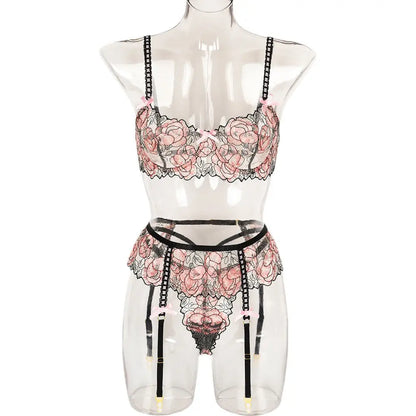 Sexy Three Piece Set Petal Embroidery Personalized Sling Bow Flower Underwear eprolo