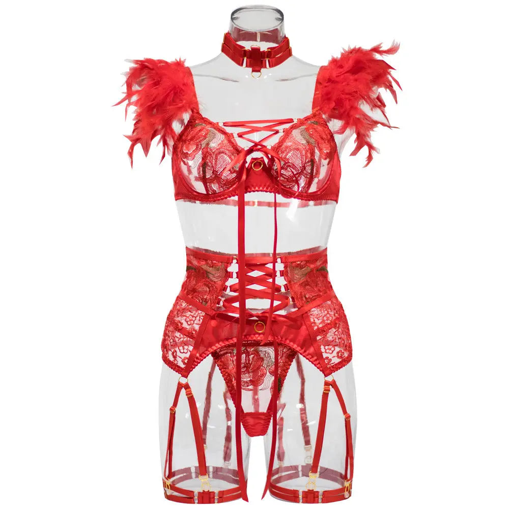 Red lace sexy lingerie set with hollow out and sexy cross-border embroidery feather five piece set eprolo