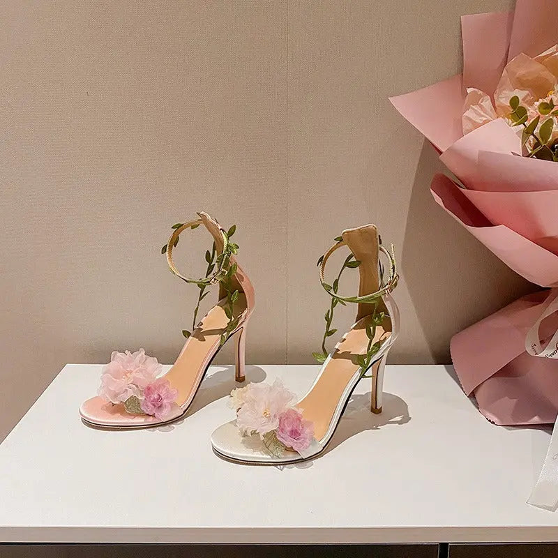 Pink pastoral chiffon flower fantasy high heels one-line vine strap sandals for women eprolo