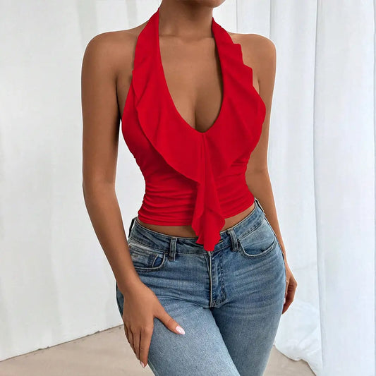 Women's sexy neck hanging red vest with backless design short top eprolo