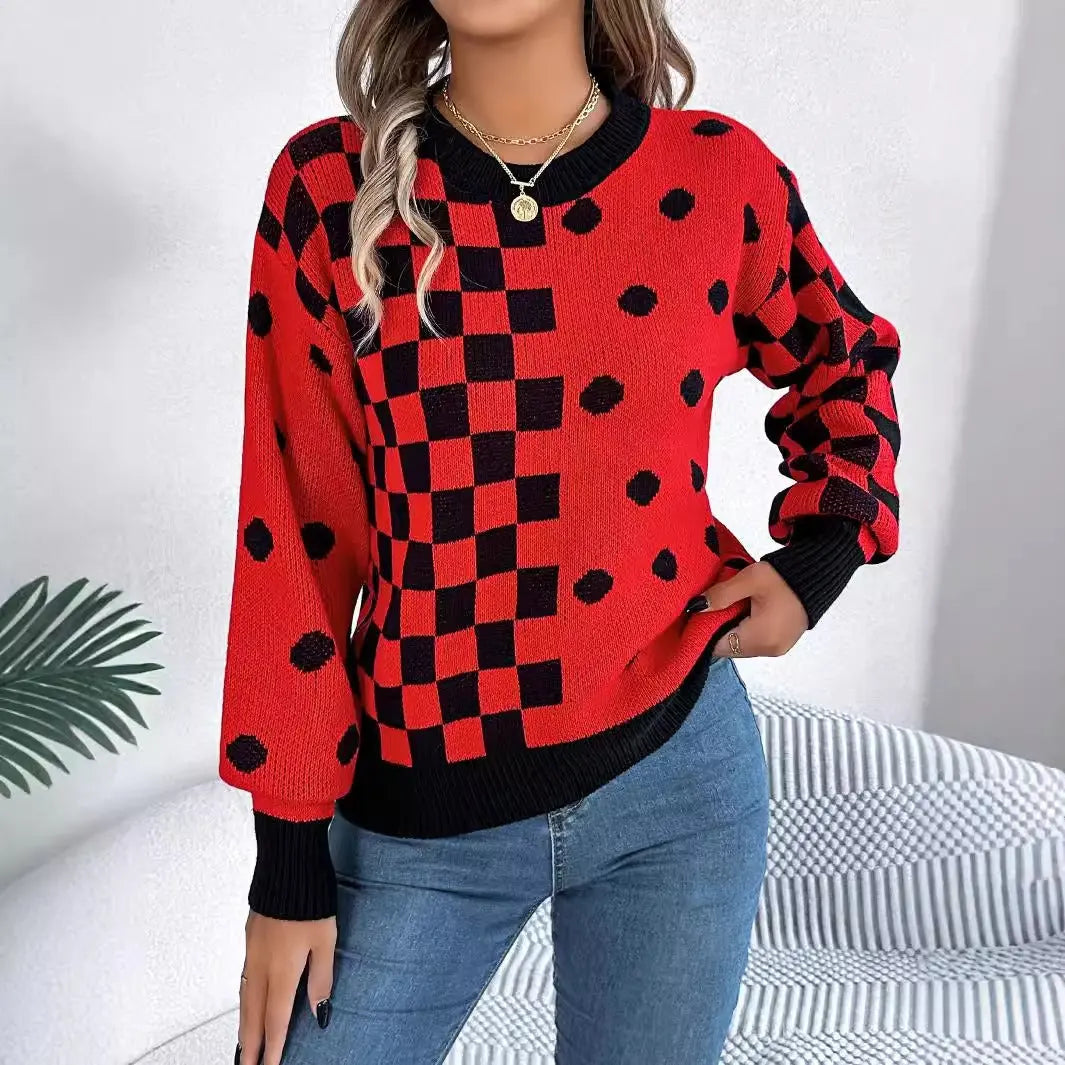 Casual contrasting polka dot checkered lantern sleeve sweater eprolo