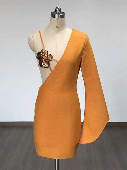 Orange flower sequin decoration chest wrapped sexy one shoulder flared long sleeved spicy bandage dress for women eprolo