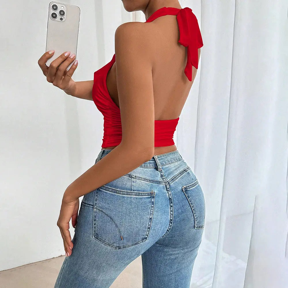 Women's sexy neck hanging red vest with backless design short top eprolo