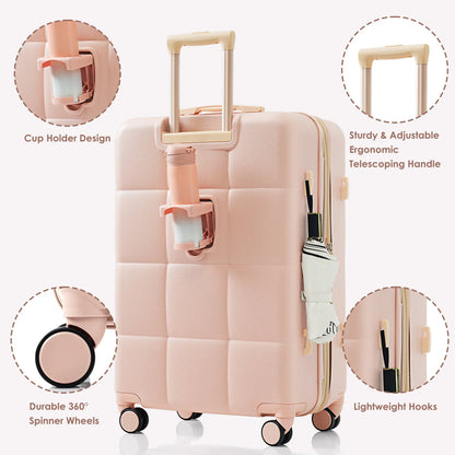 3-piece luggage set, 20 inches, ABS hard shell luggage with USB port and cup holder rotating wheel, pink color eprolo