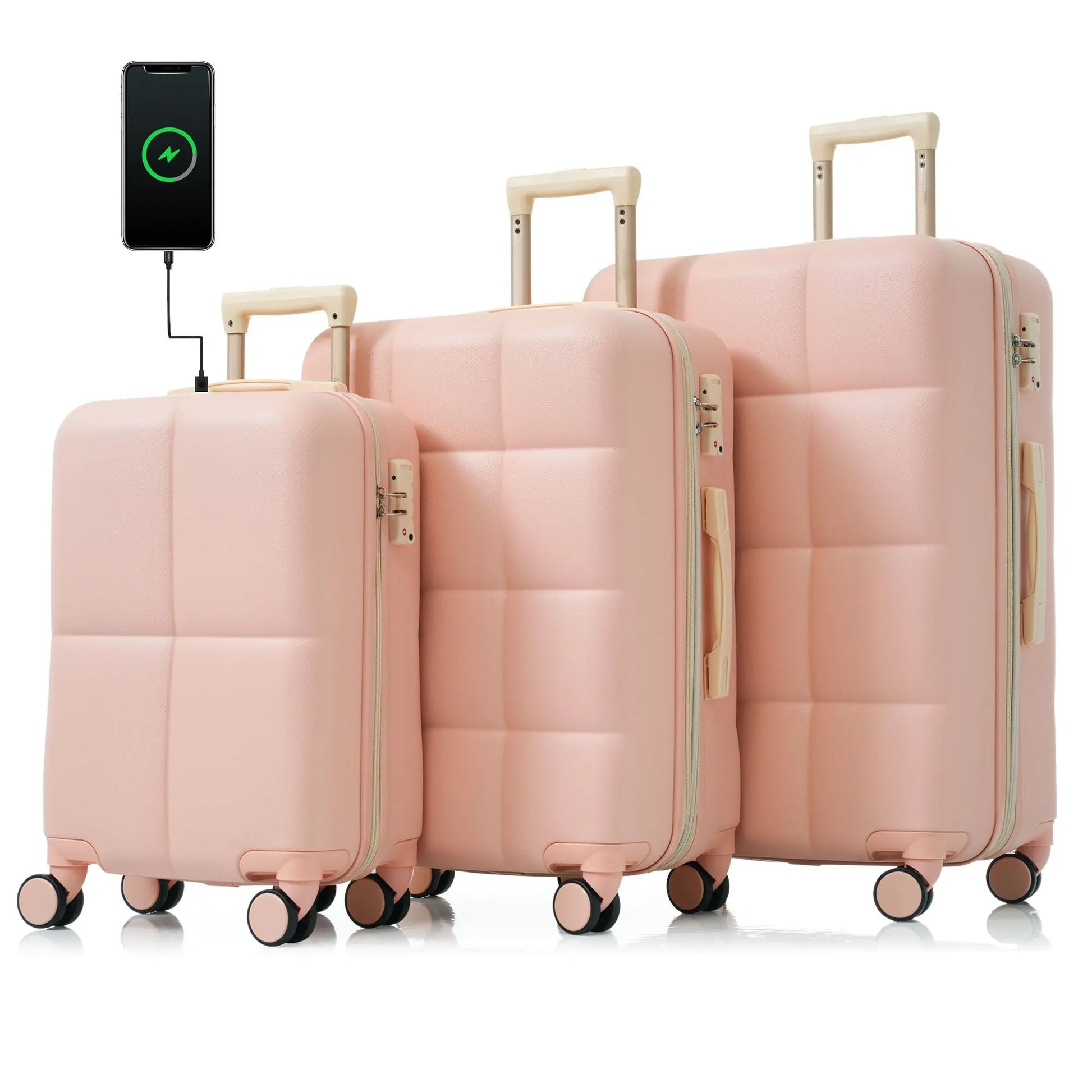 3-piece luggage set, 20 inches, ABS hard shell luggage with USB port and cup holder rotating wheel, pink color eprolo