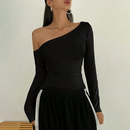 Fashion sexy off-the-shoulder T-shirt autumn and winter slanted collar design long-sleeved top women's clothing eprolo