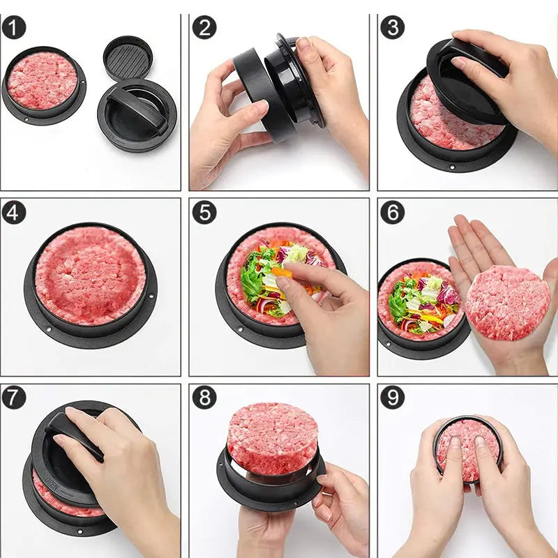 3-in-1 Manual Kitchen Gadget: Hamburger Patty, Round Beef Burger & Meatball Press. eprolo