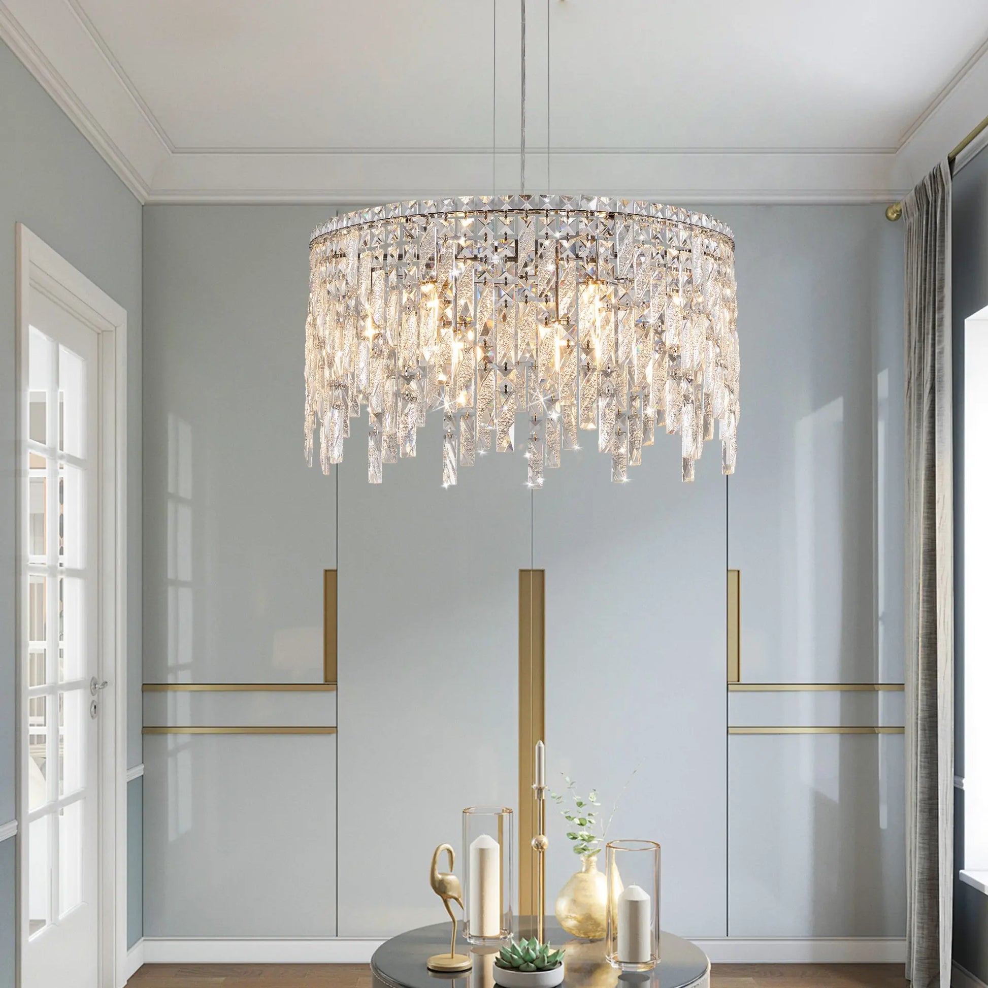 Deluxe round silver crystal chandelier, modern rectangular chandelier (excluding light bulbs) eprolo