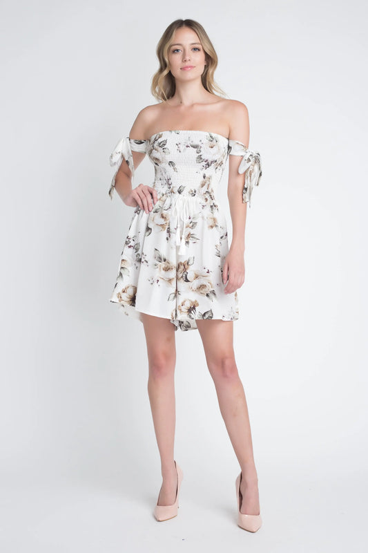 Women's Off Shoulder Smocked Floral Tie Romper Ivory Felix