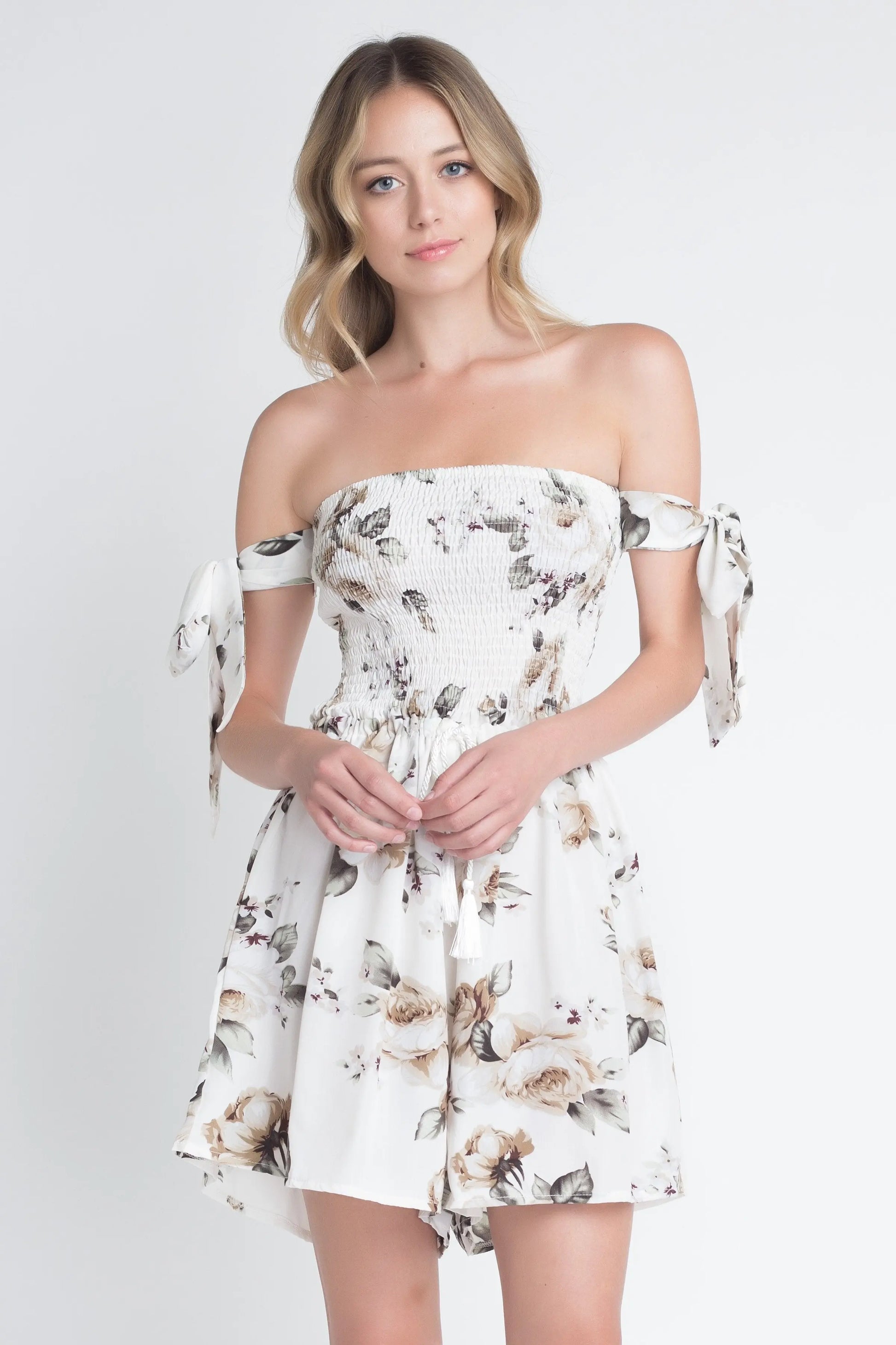 Women's Off Shoulder Smocked Floral Tie Romper Ivory Felix