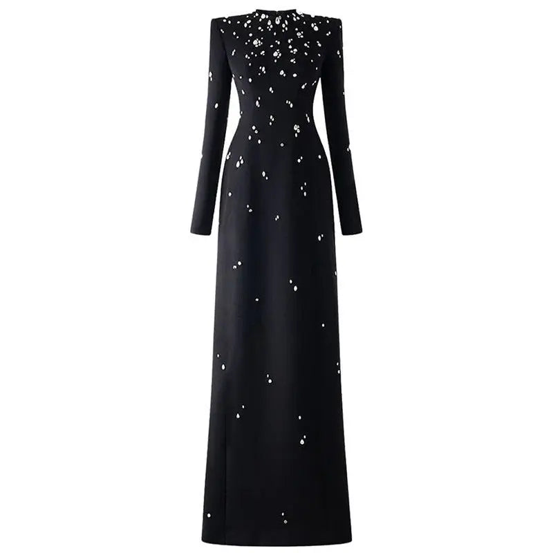 Elegant long evening dress with heavy-duty beading diamond inlay long-sleeved and bandage style eprolo