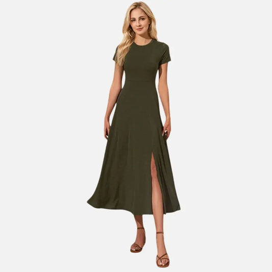 European and American women's round neck slit short sleeved mid length skirt casual vacation dress eprolo