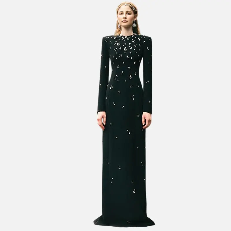 Elegant long evening dress with heavy-duty beading diamond inlay long-sleeved and bandage style eprolo