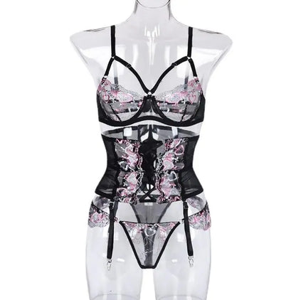 Three Pieces Female Sexy Lingerie Love Embroidery Girdle Cross Strap Sexy Lingerie eprolo