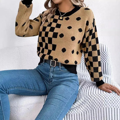 Casual contrasting polka dot checkered lantern sleeve sweater eprolo