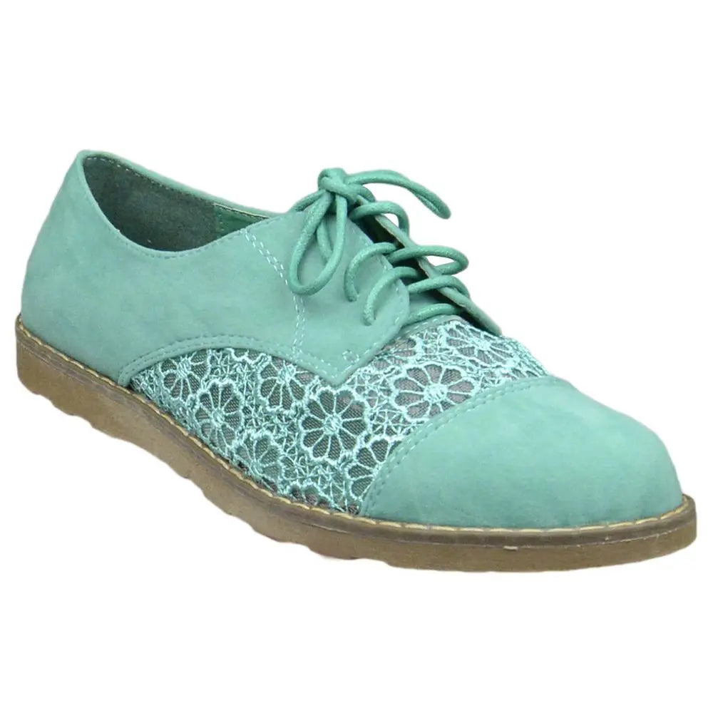 SOBEYO Women's Embroidered Flower Lace Up Oxford Flats Green Crimson Gaia