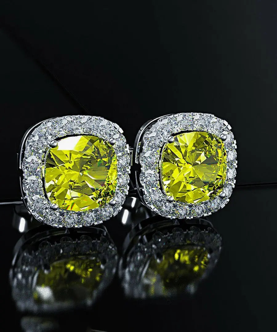 Princess Halo Cut Stud Earring With Austrian Crystals - Yellow in 18K Pear Iphigenia