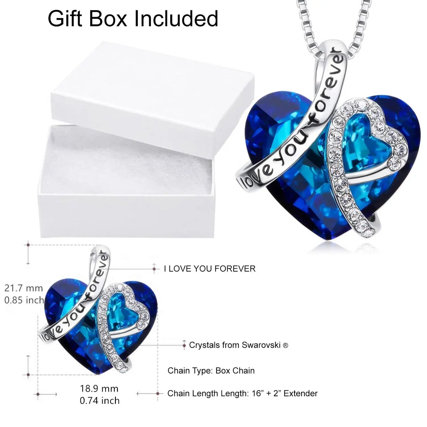 I LOVE YOU FOREVER Blue  Crystal Heart Necklace & Gift Box in 18K Whit Pear Iphigenia