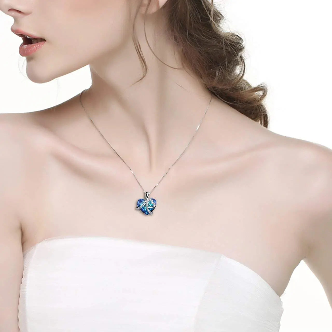 I LOVE YOU FOREVER Blue  Crystal Heart Necklace & Gift Box in 18K Whit Pear Iphigenia