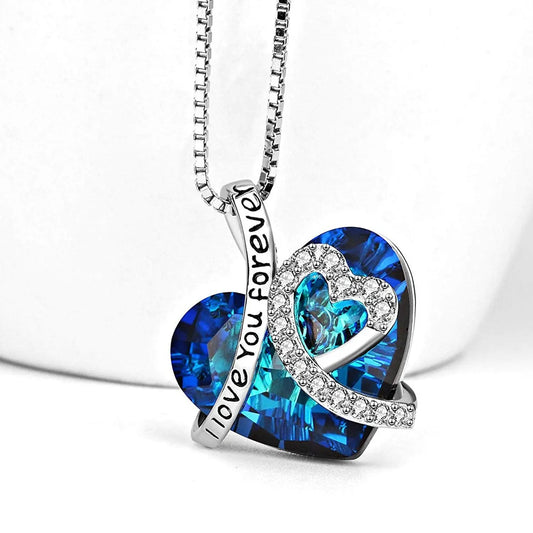 I LOVE YOU FOREVER Blue  Crystal Heart Necklace & Gift Box in 18K Whit Pear Iphigenia