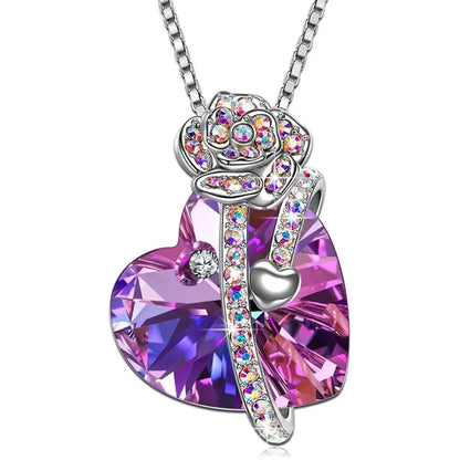 Iridescent Amethyst Gemstone Crystal Rose Heart Necklace in 14K White Pear Iphigenia