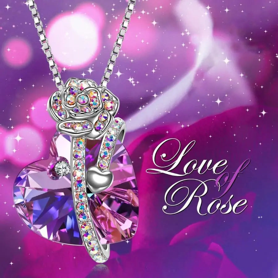 Iridescent Amethyst Gemstone Crystal Rose Heart Necklace in 14K White Pear Iphigenia