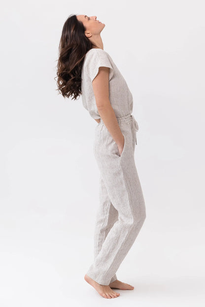 Cloudy Grey Stripe linen / Natural Linen Pajama set / Linen loungewear Magenta Sugarplum