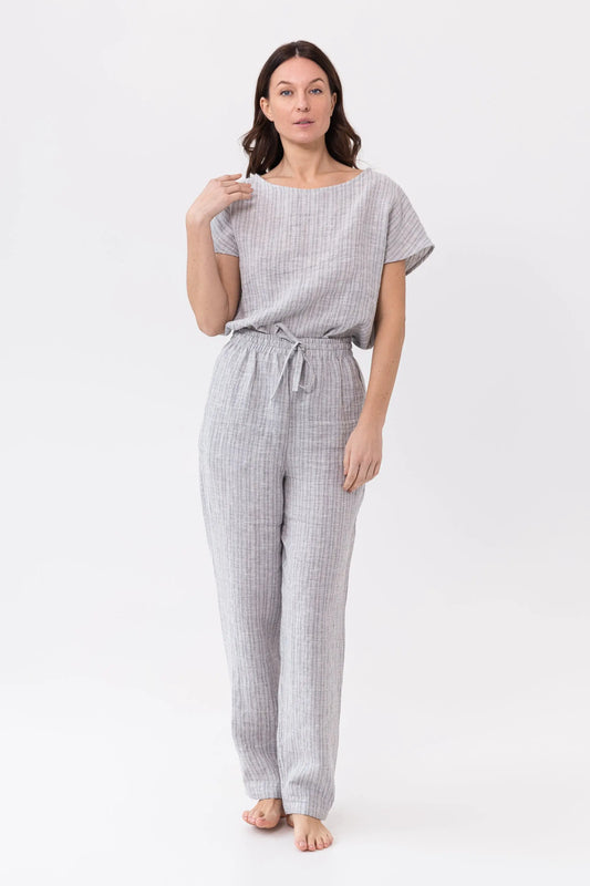 Cloudy Grey Stripe linen / Natural Linen Pajama set / Linen loungewear Magenta Sugarplum