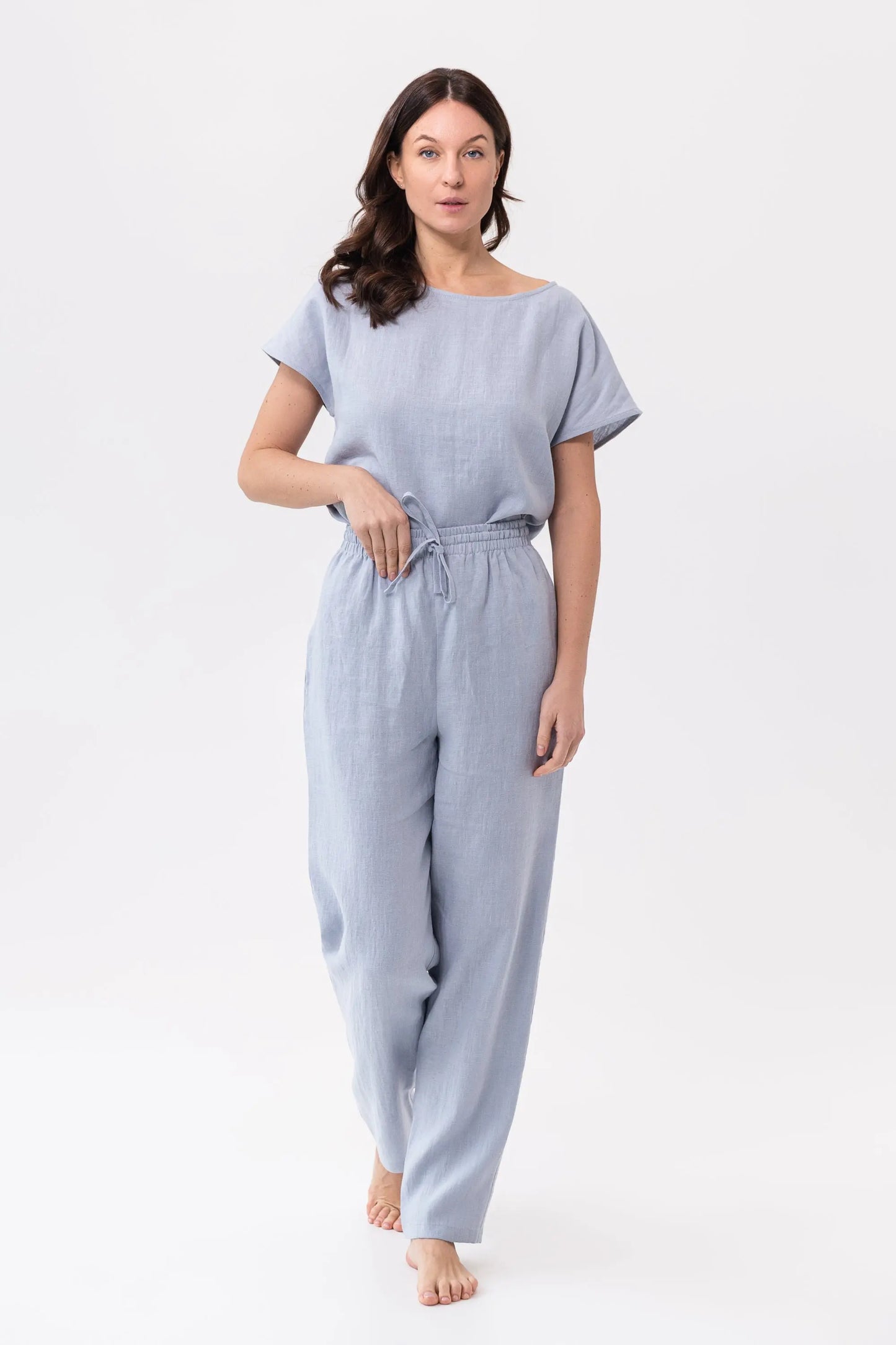 Cloudy Grey Stripe linen / Natural Linen Pajama set / Linen loungewear Magenta Sugarplum