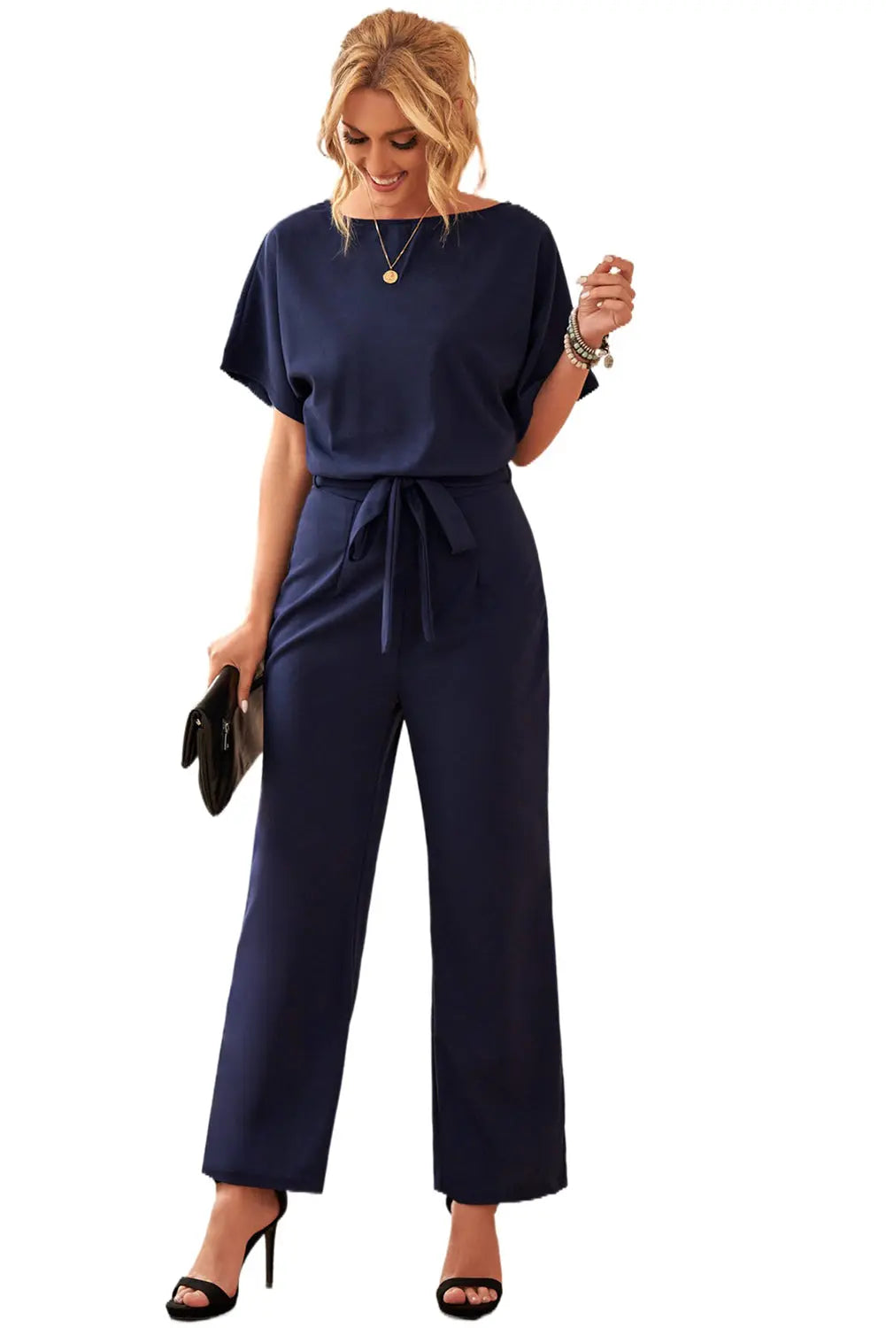 Chic Blue Oh So Glam Belted Wide Leg Jumpsuit Teal Demeter