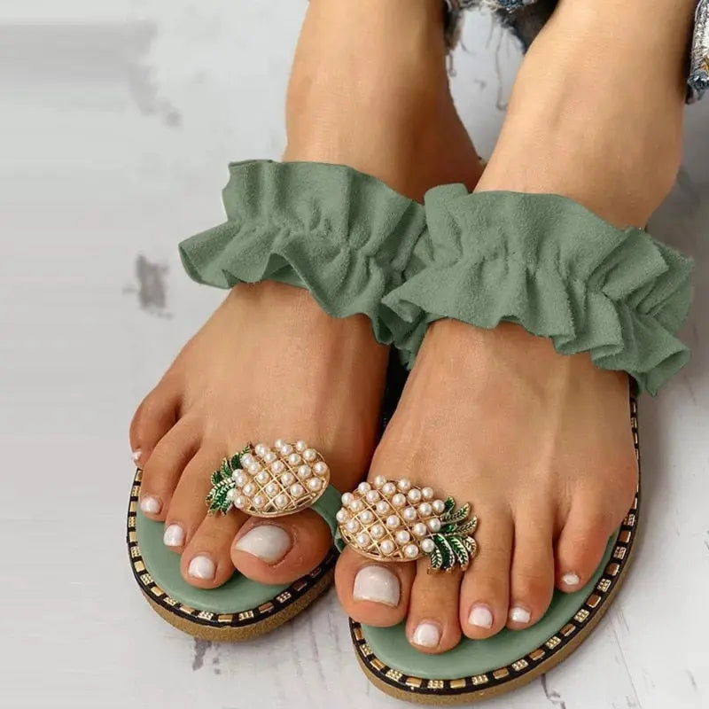 Flat Toe Casual Womens Slippers Pineapple Pearl Beach Slides Coffee Jasper