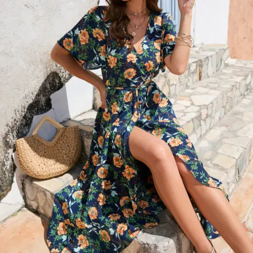 Women Wrap Style Summer Floral Dress With Ruffles Yellow Pandora