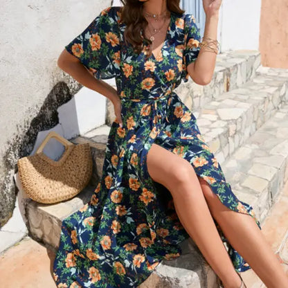 Women Wrap Style Summer Floral Dress With Ruffles Yellow Pandora