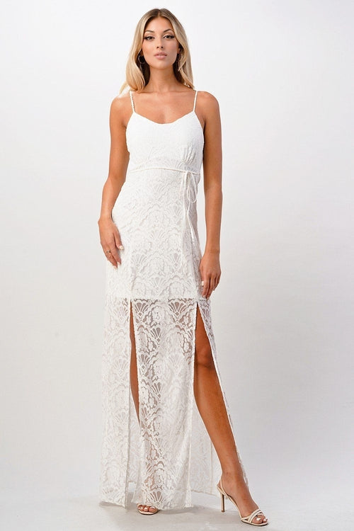 Elegant Black Lace Maxi Dress with Side Slit - My Store Women's Clothing 