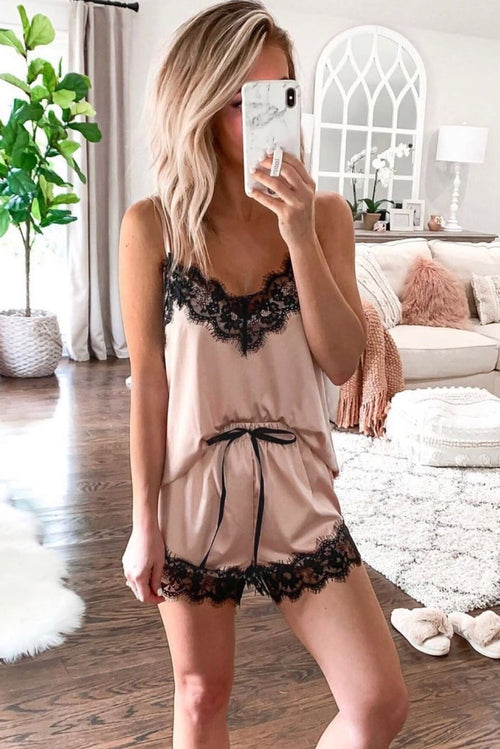Apricot Lace Satin Sleepwear Cami Top and Shorts Pajama Set - My Store Women's Clothing 