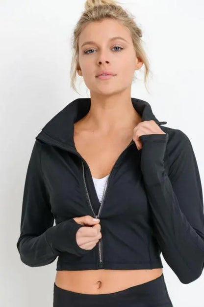 Zip-Up Crop Active Jacket with Thumbholes Blue Lelantos