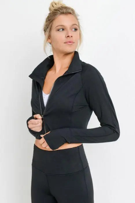 Zip-Up Crop Active Jacket with Thumbholes Blue Lelantos