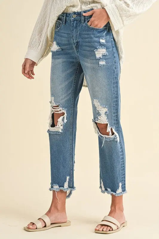 Annie Wear Distressed Raw Hem Cropped Jeans Jade Icarus