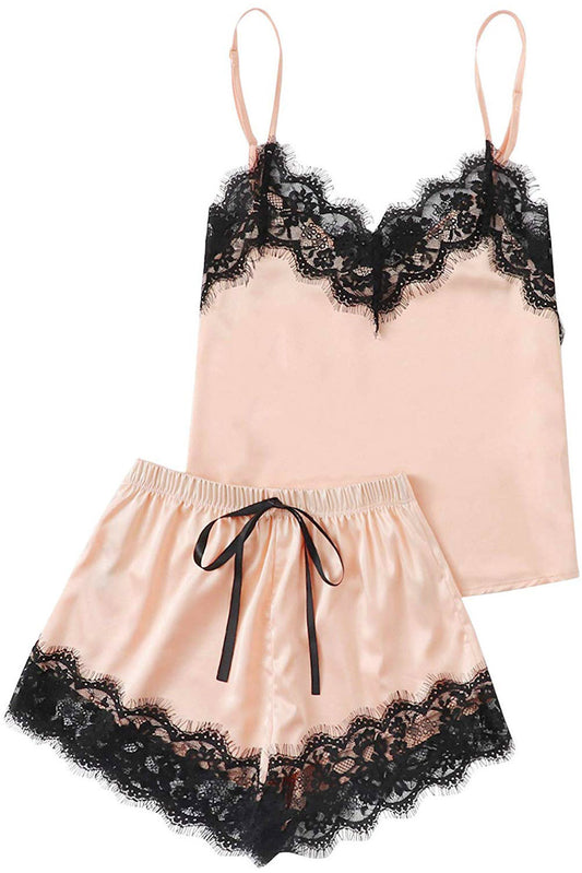 Apricot Lace Satin Sleepwear Cami Top and Shorts Pajama Set - My Store Women's Clothing 