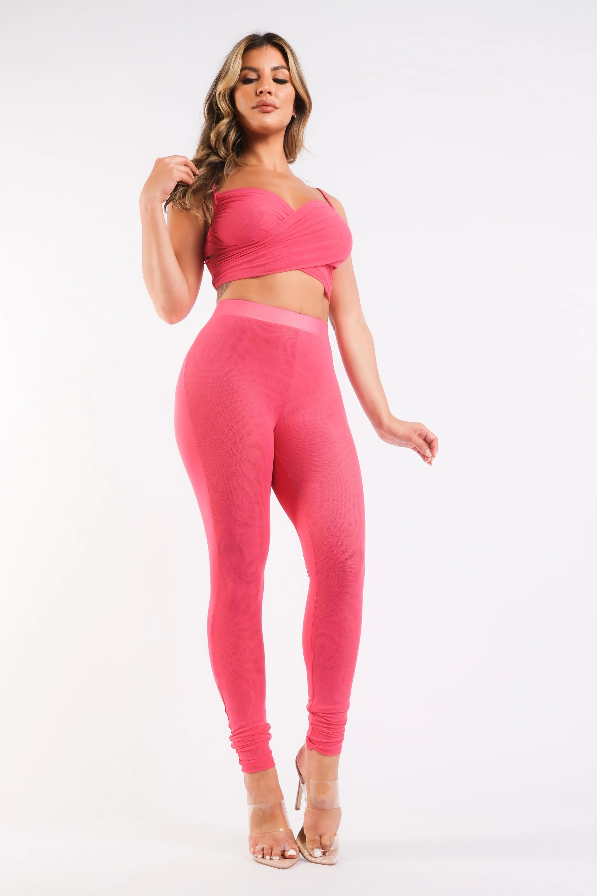 Mesh Contrast Sets Casual Sports Strappy Sleeve Top & Leggings FUCHSIA Puce Juniper