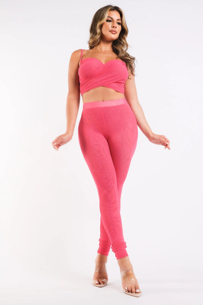 Mesh Contrast Sets Casual Sports Strappy Sleeve Top & Leggings FUCHSIA Puce Juniper