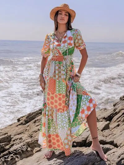 Printed Smocked Waist Short Sleeve Maxi Dress Coral Vanilla