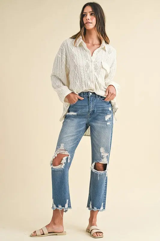 Annie Wear Distressed Raw Hem Cropped Jeans Jade Icarus