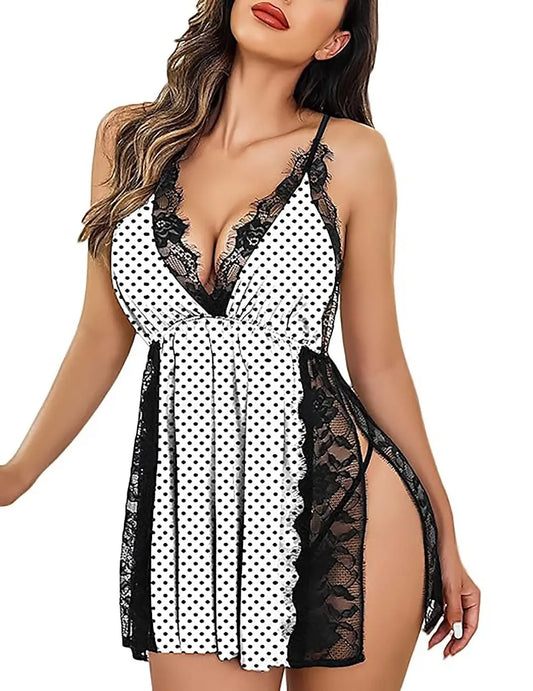 Women POLKA DOT Lace Maxi Sleepwear (Size-FREE) (Color-BLACK&WHITE) Carmine Eleusis