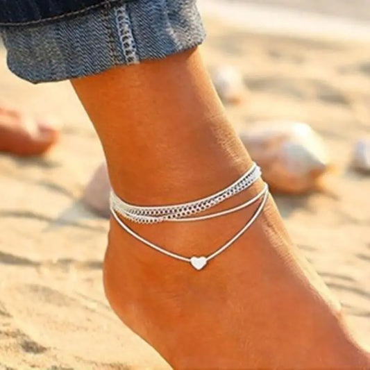 Bohemian Silver Heart Multi Chain Anklet Ankle Bracelet Peridot