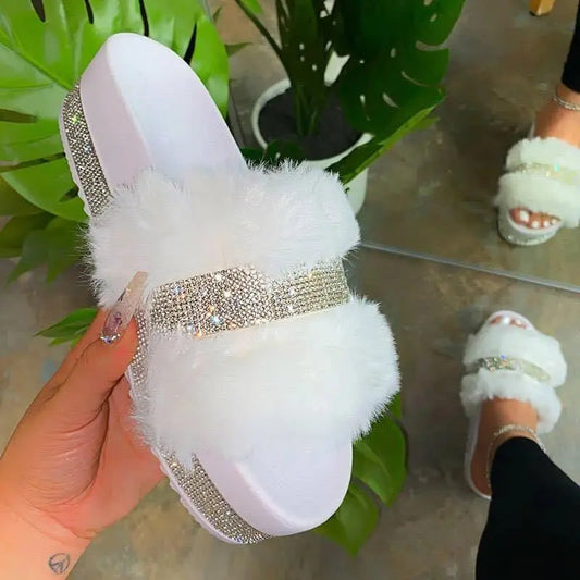 Cute Women Fur Slides Lady Furry Slippers Bling Rhinestone Summer Blue Charlie