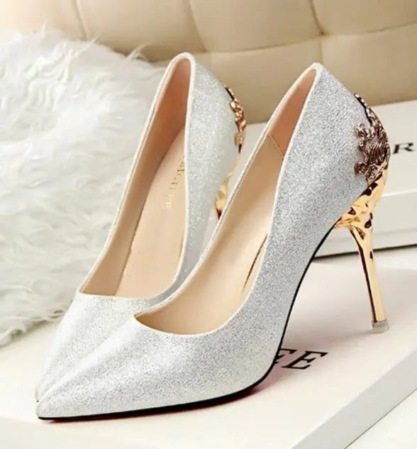 Womens high-heeled Suede Shoes pumps carved metal heel pointed Wedding Blue Charlie