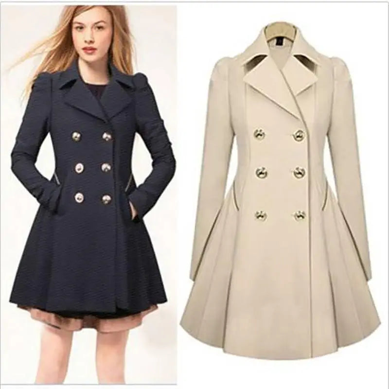 Women's Double Breasted Trench Coat Slim Real Trench Long Jacket Blue Charlie